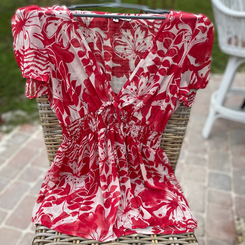 Delicate sheer tropical print top.